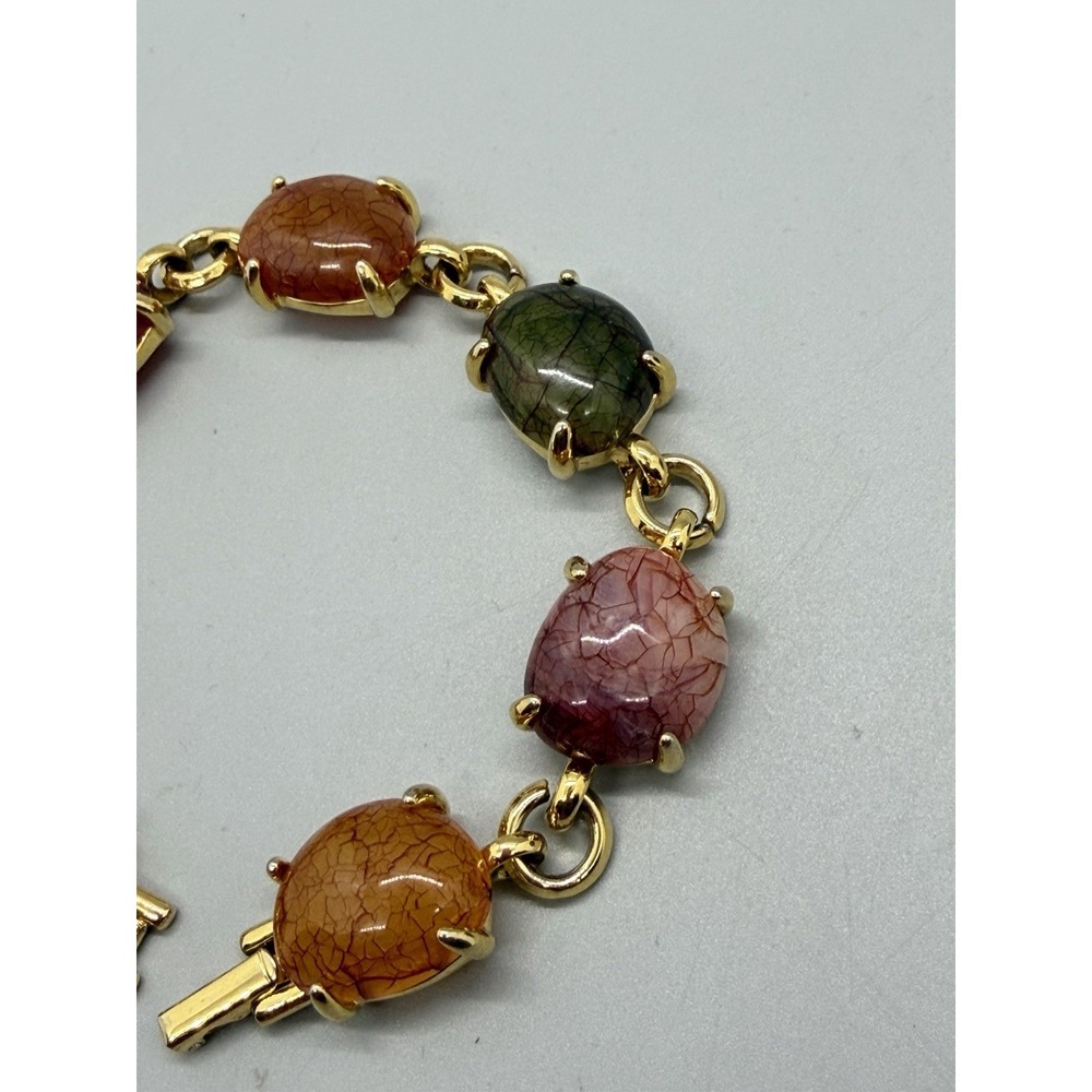 Liz Claiborne Acrylic Bracelet Gold Tone Link Multicolor Cabochon Chunky Vintage - Picture 4 of 13